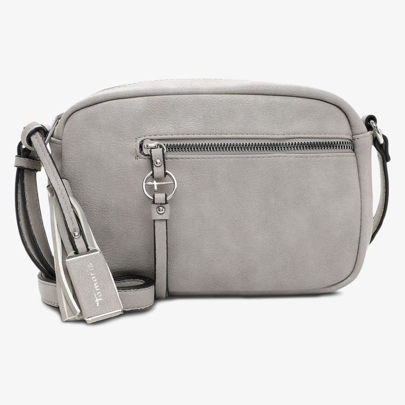 Graue kompakte Umhängetasche aus glattem Material mit Reißverschluss und verstellbarem Riemen