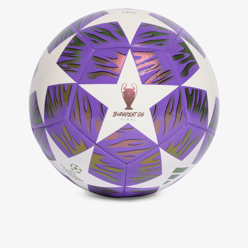 Dynamisch gestalteter Fußball in lila und weiß mit auffälligem Sternmuster für sportliche Aktivitäten