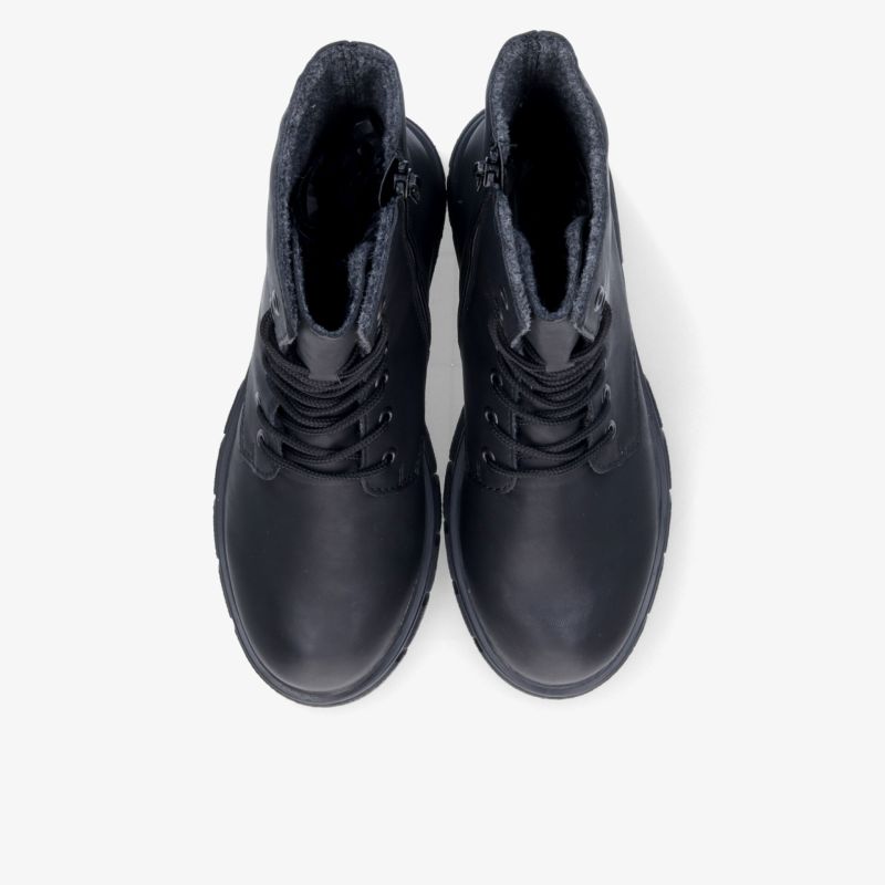 Robuste schwarze Schnürstiefel aus hochwertigem Leder mit bequemer Passform und rutschfester Sohle, Paar Draufsicht