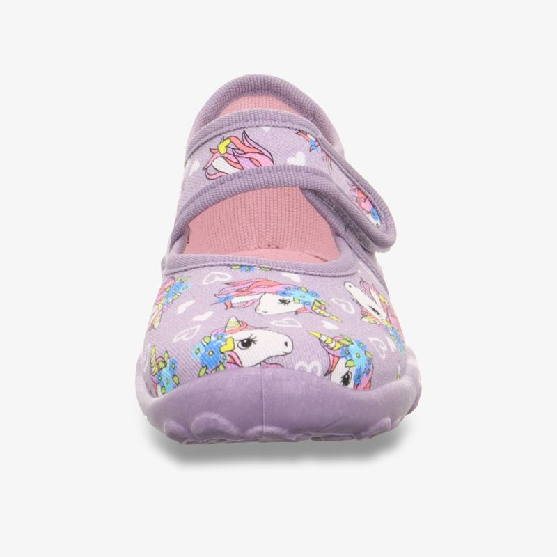 Fliederfarbener Kinderhausschuh mit buntem Einhornmotiv, praktischem Klettverschluss und rutschfester Sohle für hohen Komfort