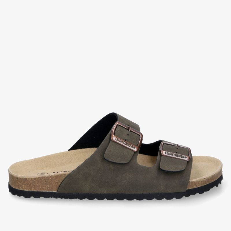 Seitliche Ansicht eines bequemen Slippers mit verstellbaren Riemen und weicher, rutschfester Sohle