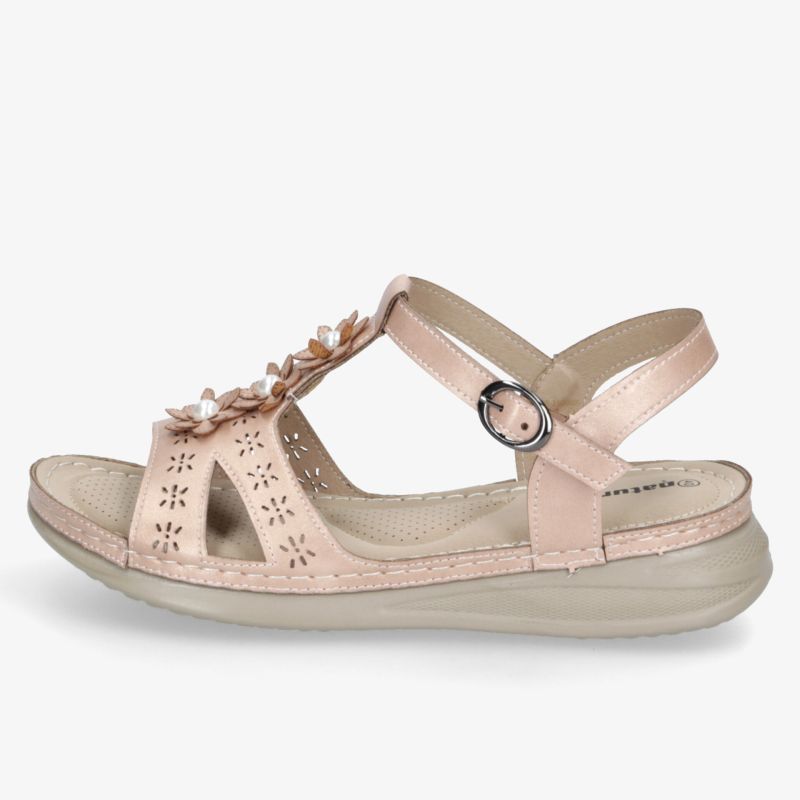 Bequeme Sandale mit weichem Fußbett und verstellbarem Riemen in zartem Rosa mit Blumenverzierung