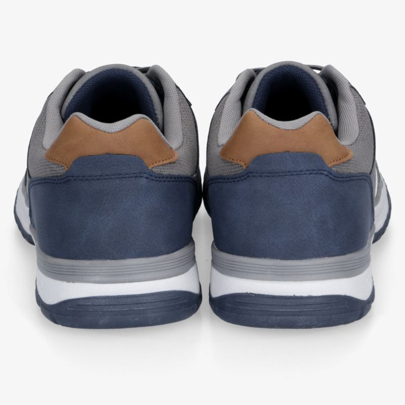 Rückansicht von stabilen Sportschuhen mit bequemer Polsterung und modernem Design, blau mit braunen Akzenten