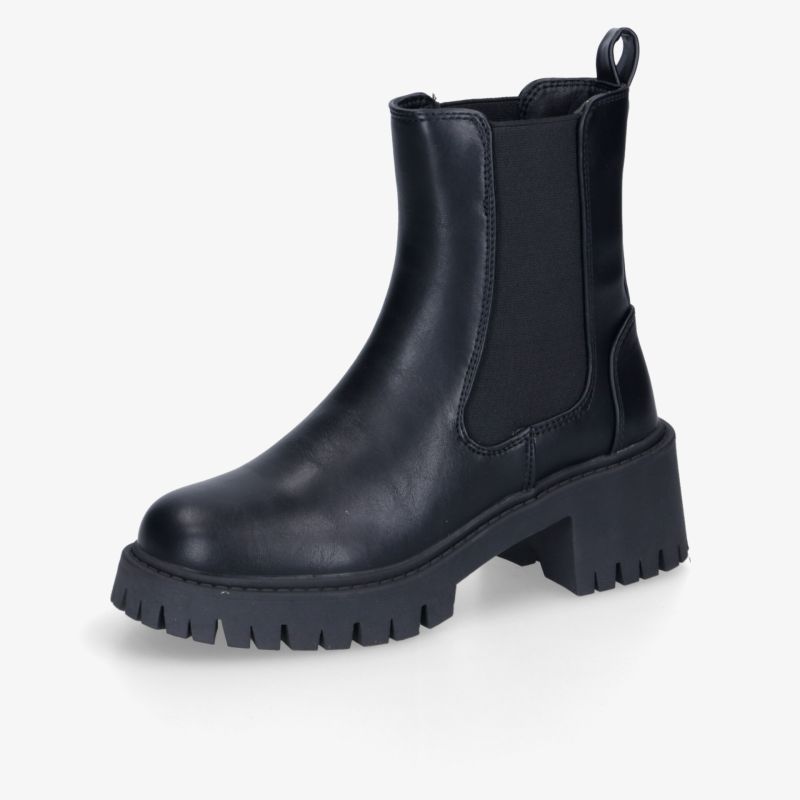 Schwarze Chelsea Boots aus Leder mit robuster Profilsohle und Blockabsatz für modernen und stilvollen Look.