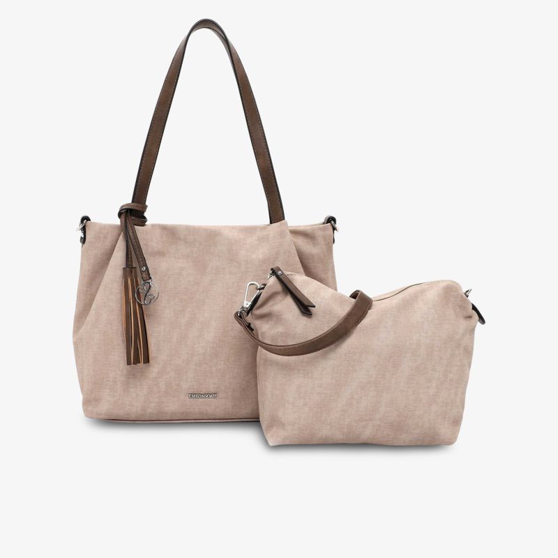 Set aus großer stilvoller Tasche mit Quaste und passendem zusätzlichem Beutel in dezenter Farbe