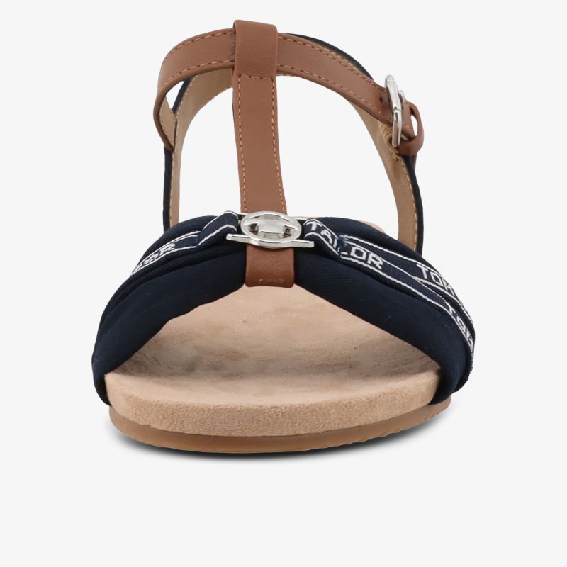 Frontansicht einer navyblauen Riemchensandale mit verstellbarer Schnalle und bequemem Fußbett