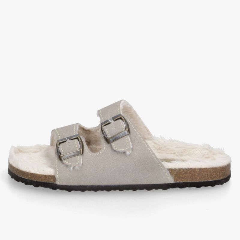 Bequeme Pantolette aus weichem Material mit zwei verstellbaren Riemen, kuscheligem Futter und profilierter Sohle