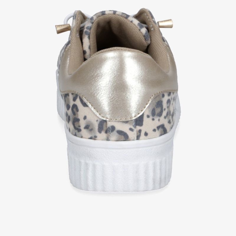 Modischer Sneaker mit auffälligem Leopardenmuster und glänzenden Metallic-Akzenten für trendige Styles.