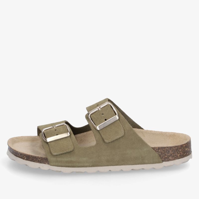 Seitenansicht einer komfortablen Sandale mit zwei verstellbaren Schnallen und weichem ergonomischem Fußbett