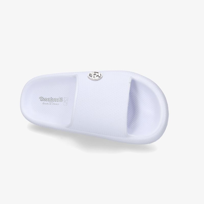 Weißer Badelatschen mit bequemer Polsterung und rutschfester Sohle, ideal für Schwimmbad und Freizeit