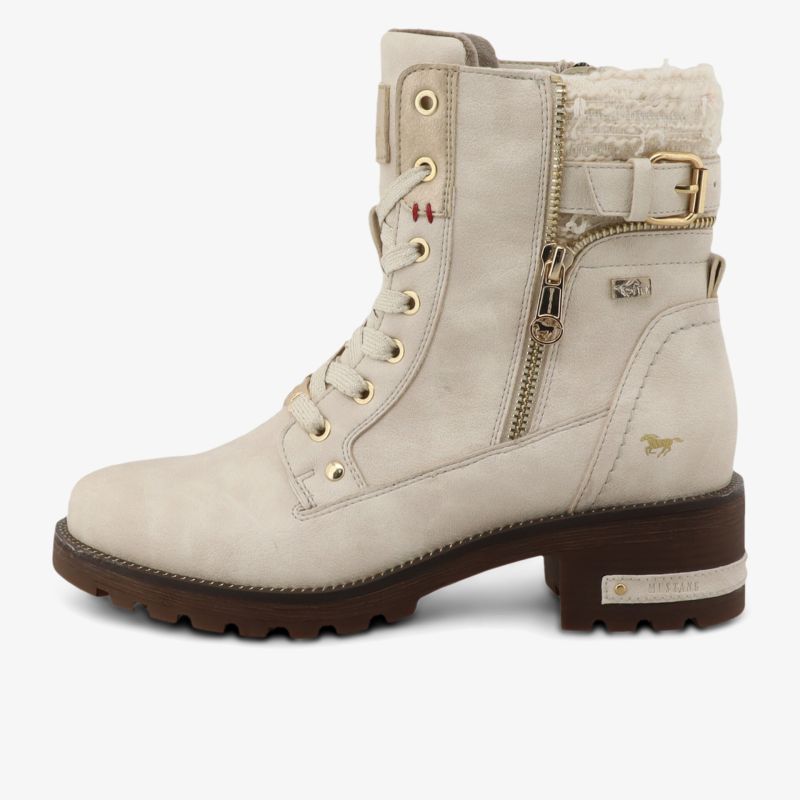 Seitliche Ansicht einer modischen Stiefelette mit Schnürung, Reißverschluss und warmem Innenfutter