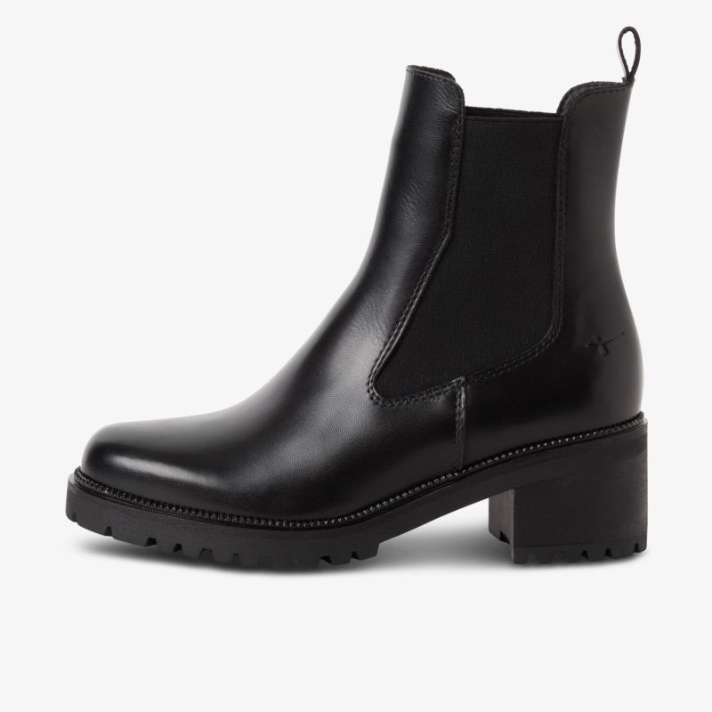 Seitlich abgebildeter eleganter schwarzer Lederstiefel mit Blockabsatz und elastischem Stretcheinsatz