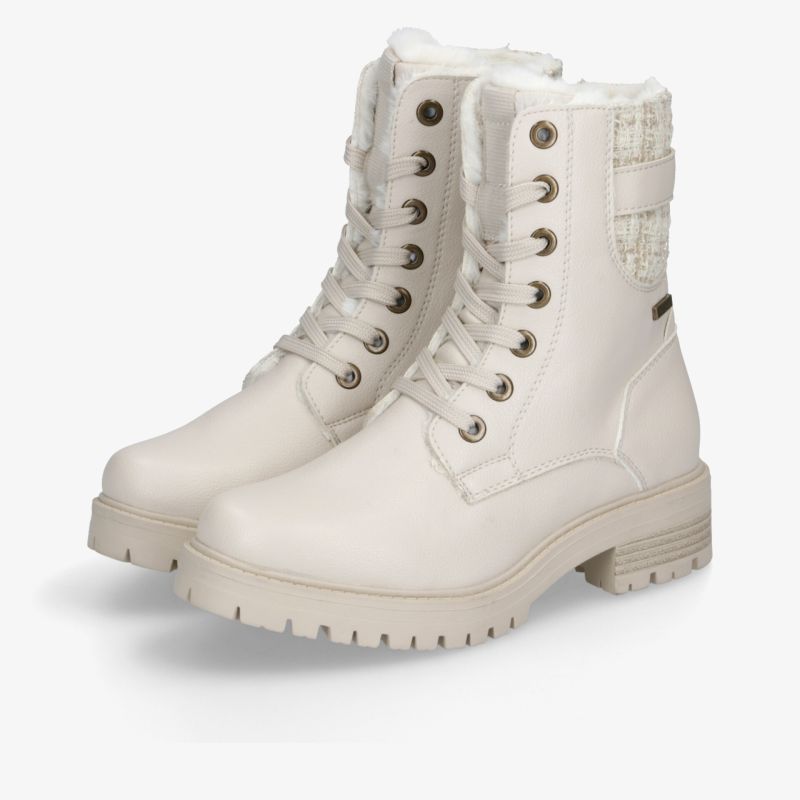 Weiße, robuste Winterstiefel mit Schnürung und bequemer Fütterung für kalte Tage.