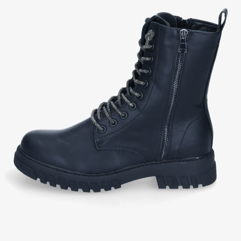 Robuster schwarzer Lederstiefel mit schnürung und reißverschluss, profilierte Sohle für sicheren halt, seitliche Ansicht