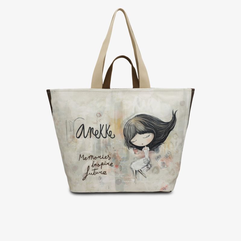 Beige bedruckte Tragetasche mit Henkel und stilvoller Illustration von Anekke für vielseitige Nutzung