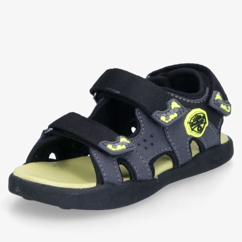 Sportliche schwarze Sandale mit gelben Akzenten, atmungsaktiv und verstellbar, bequeme Passform für den Alltag