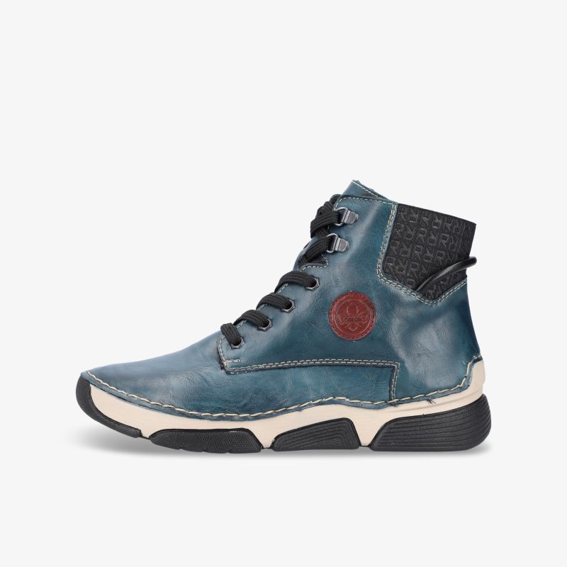 Bequemer blauer knöchelhoher Sneaker mit gepolstertem Kragen, flexibler Sohle und stabiler Schnürung, seitliche Ansicht