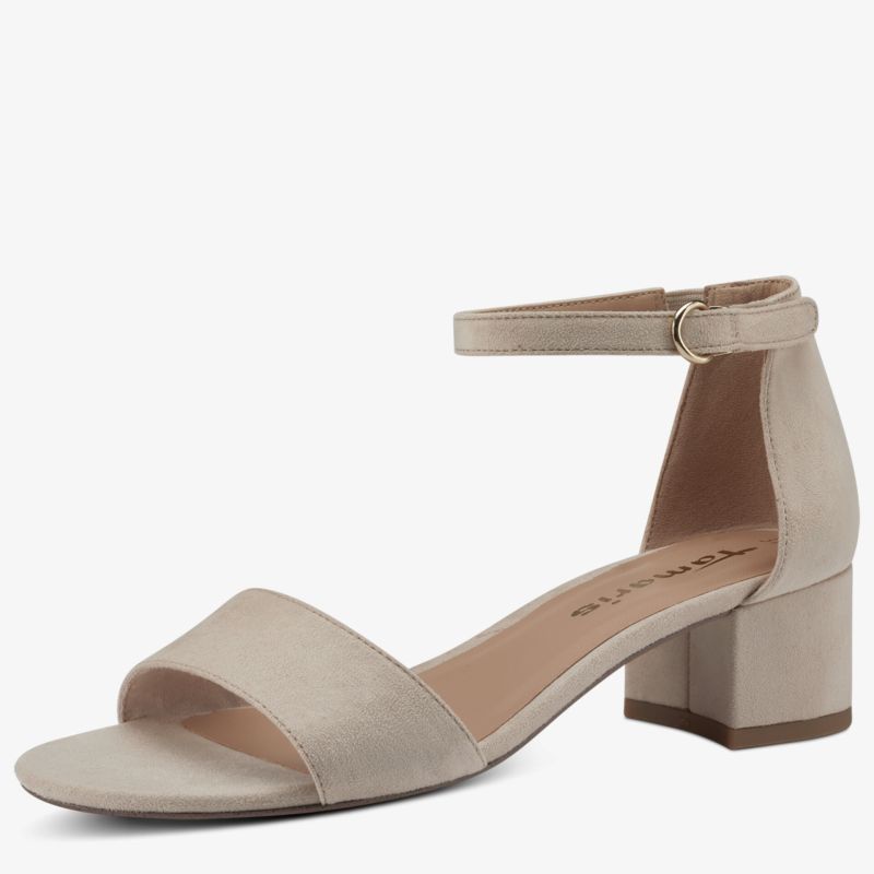 Elegante Sandale mit niedrigem Blockabsatz und verstellbarem Knöchelriemen in beiger Farbe