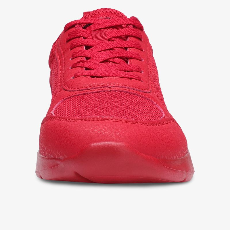Moderner roter Sportschuh mit atmungsaktivem Material und robuster, bequemer Frontansicht