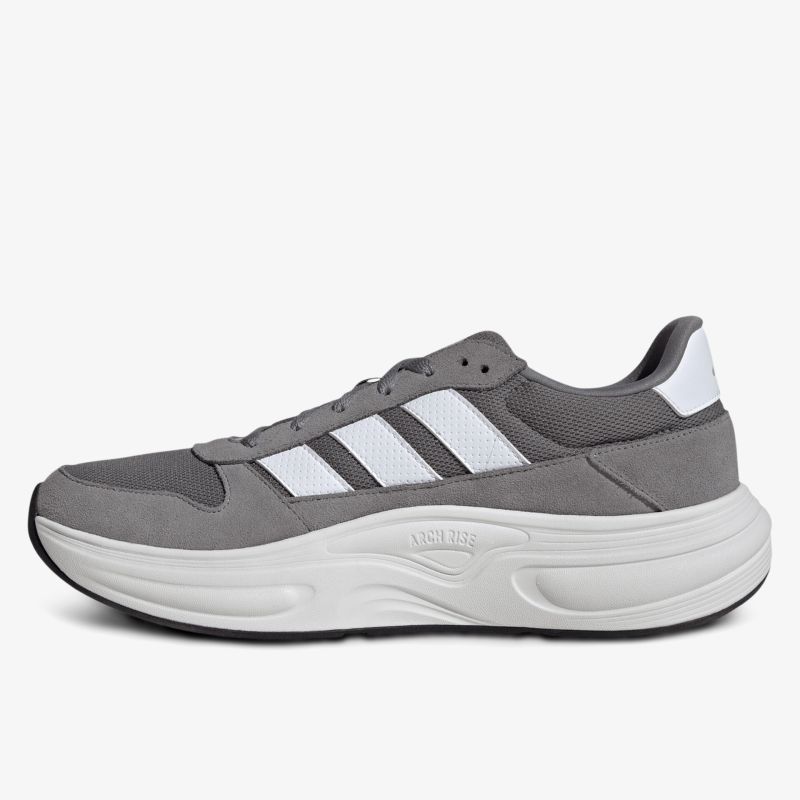 Seitliche Ansicht eines grauen Sneakers mit weißer Sohle und markanten weißen Streifen, sportlich und bequem