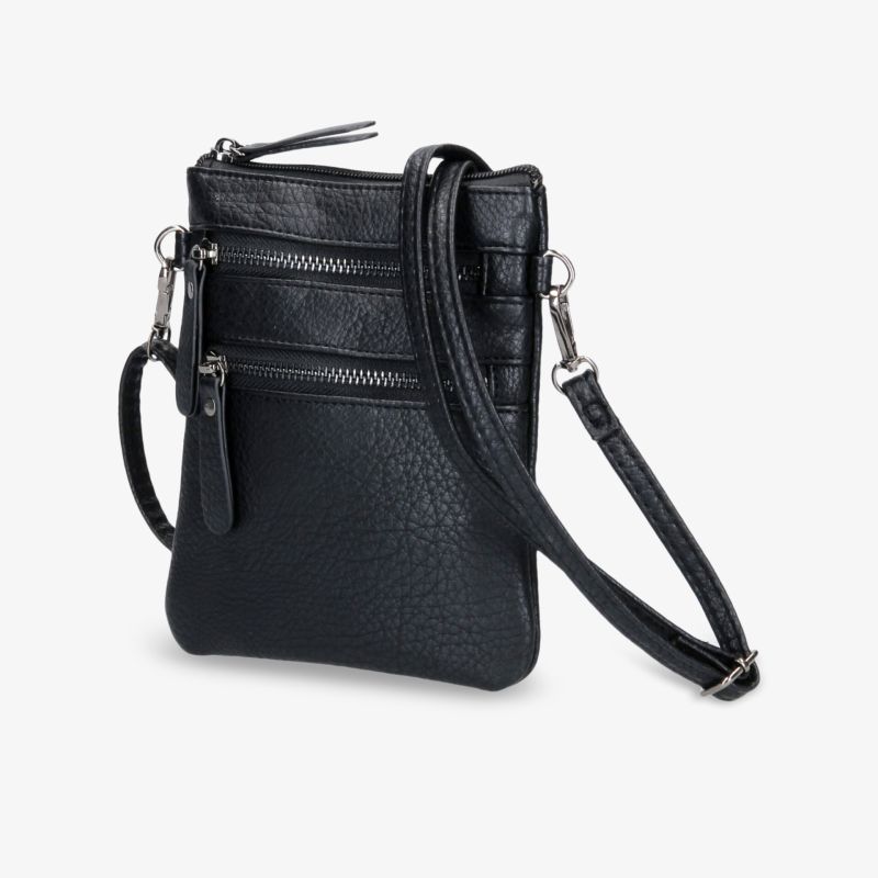 Kompakte schwarze Tasche mit mehreren Reißverschlusstaschen und verstellbarem Riemen, perfekt für den Alltag.
