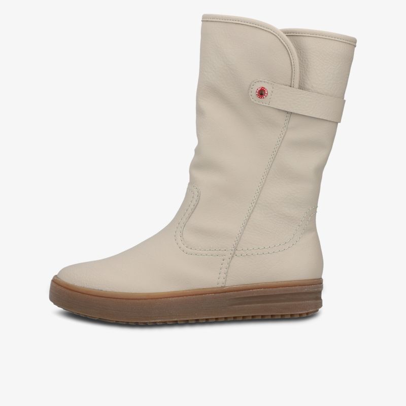 Bequemer mittelhoher hell-beiger Schuh mit schlichter Optik und brauner Gummisohle, ideal für den Alltag