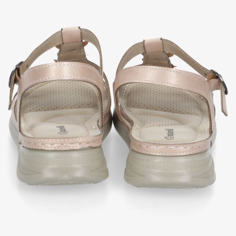 Bequeme beige Sandale mit gepolsterter Innensohle und verstellbarem Riemen, rutschfeste langlebige Sohle hinten sichtbar