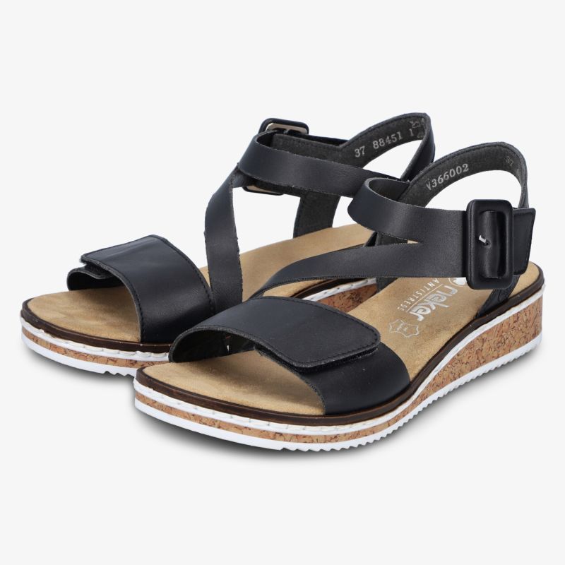 Bequeme schwarze Sandale mit verstellbarem Schulterriemen und gepolsterter Innensohle für sicheren Halt
