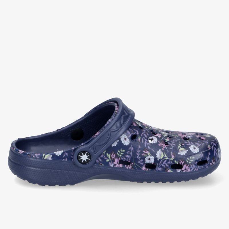 Bequeme blaue Clogs mit floralem Muster, ideal für Alltag und Freizeit, leicht und rutschfest.