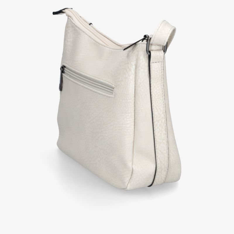 Elegante beigefarbene Handtasche mit Reißverschluss und verstellbarem Schulterriemen, seitliche Ansicht