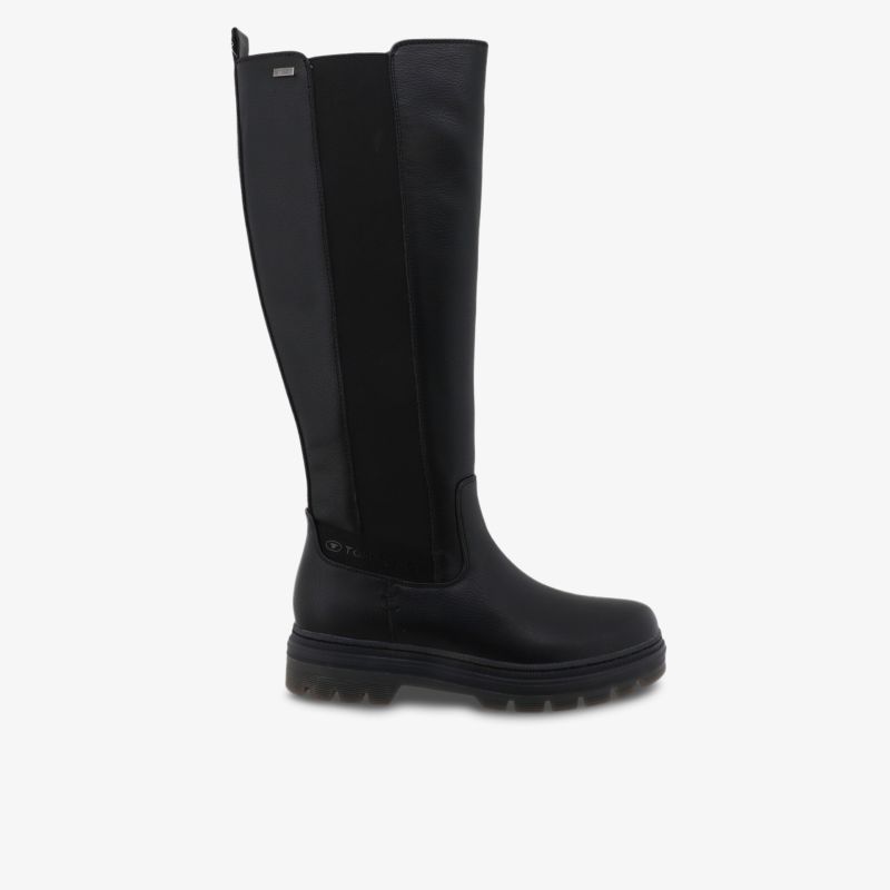 Schwarzer hoher Stiefel mit robustem Schaft und rutschfester Sohle, modisch und komfortabel seitlich sichtbar