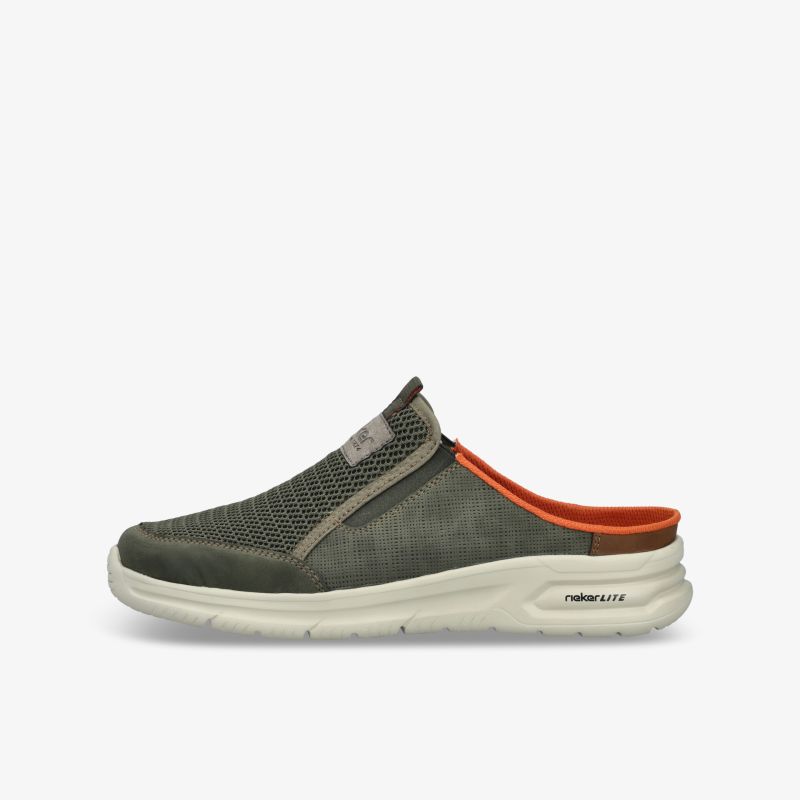 Seitliche Ansicht grauer slip-on Schuh mit atmungsaktivem Material und rutschfester heller Sohle