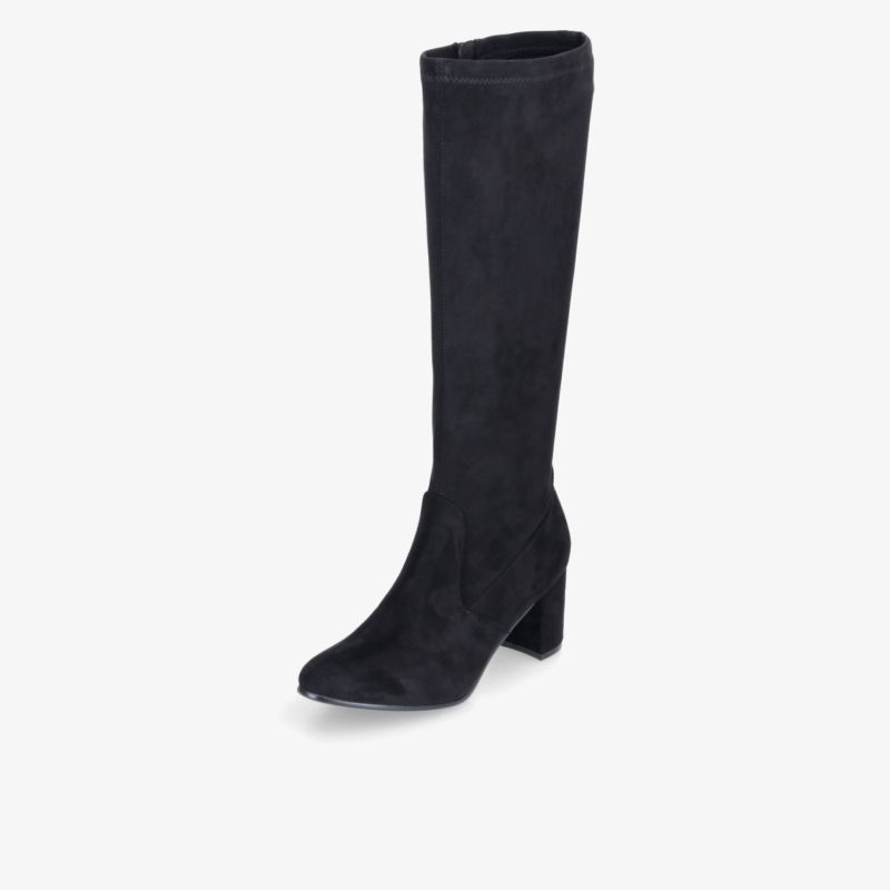 Eleganter hoher Stiefel aus schwarzem Veloursleder mit spitzer Schuhspitze, formschönem Blockabsatz und schlichtem Design.