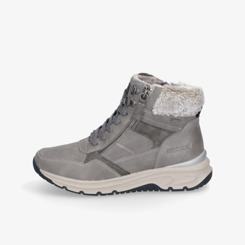 Grauer Winterstiefel mit warmem Fellfutter, rutschfester Sohle und bequemer Schnürung, ideal für kalte Tage