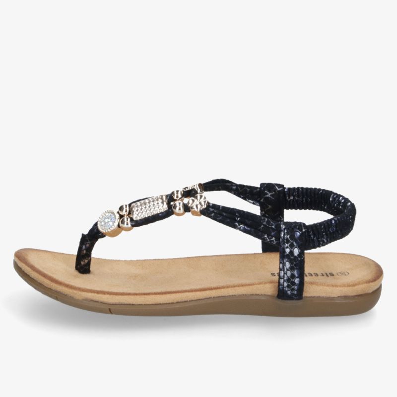 Elegante schwarze Sandale mit Perlen, komfortabler Sohle und verstellbarem Riemen für leichten Tragekomfort