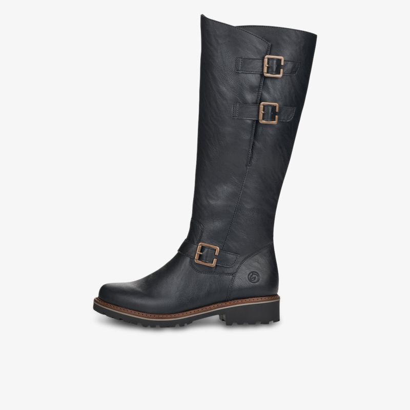 Eleganter schwarzer Lederstiefel mit modischen Schnallen und robustem Absatz für stilvollen Komfort