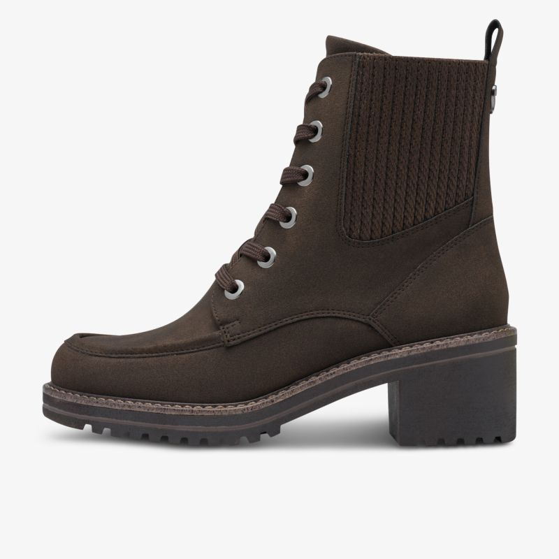 Robuster brauner Stiefel seitliche Ansicht mit Schnürung und mittelhohem Absatz, komfortabel und modisch