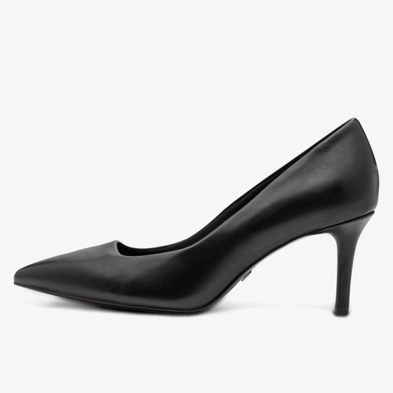 Eleganter Pumps mit hohem Absatz und spitzer Schuhspitze, glattes schwarzes Material, seitliche Ansicht