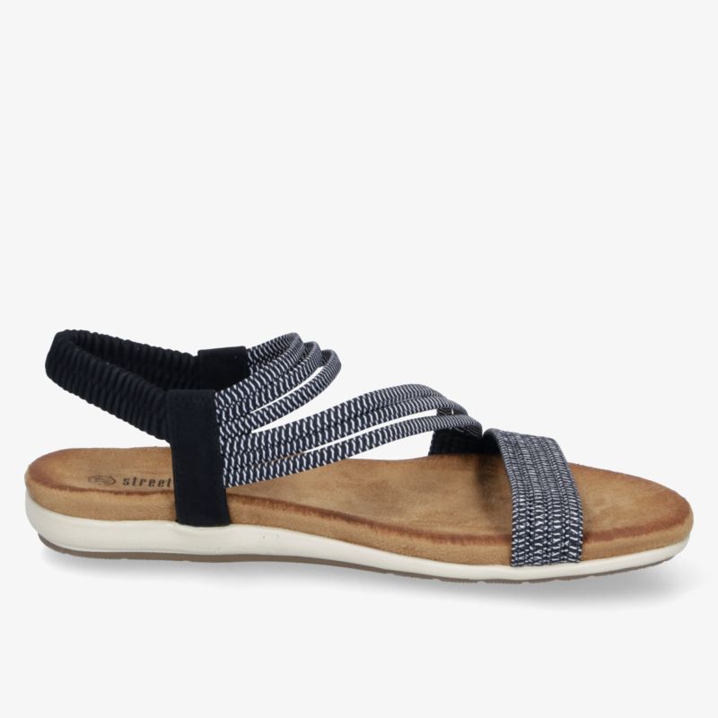 Bequeme Sandale mit elastischen, gestreiften Riemen und weicher, flexibler Sohle für angenehmen Tragekomfort.