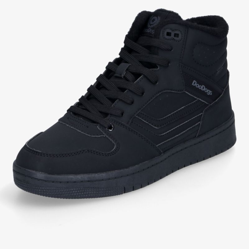 Moderner schwarzer Sneaker mit hoher Schnürung und gepolstertem Knöchelbereich, robust und bequem