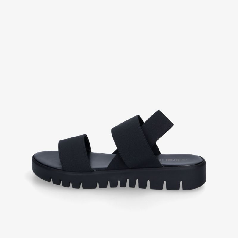 Schwarze Sandale mit breiten Riemen und profilierter rutschfester Sohle für hohen Tragekomfort und Stabilität