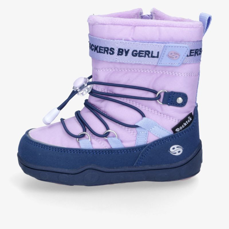 Lila und blaue Kinder-Winterstiefel mit Schnürdesign und robustem, rutschfestem Profil.