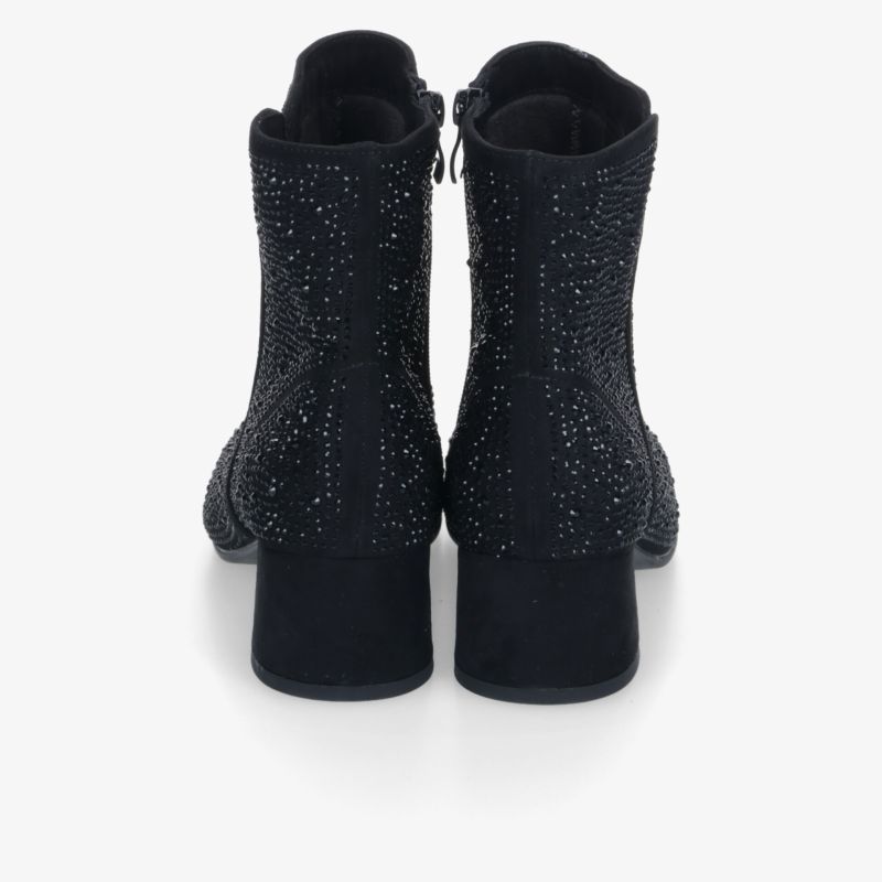 Schwarze Glitzer-Stiefeletten als Paar von hinten mit elegantem Absatz und funkelnder Oberfläche im klaren Design