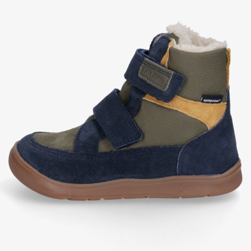 Warmer hoher Winterschuh mit stabilem Sohlenprofil und verstellbaren Klettverschlüssen in blau und braun