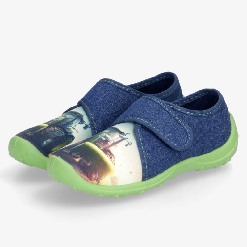 Blau-grüne Slip-on-Schuhe mit Klettverschluss, weicher Passform und farbenfrohem Motiv als praktisches Paar