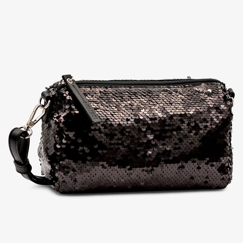 Kompakte Schultertasche mit glänzenden Pailletten, verstellbarem Riemen und elegantem Design
