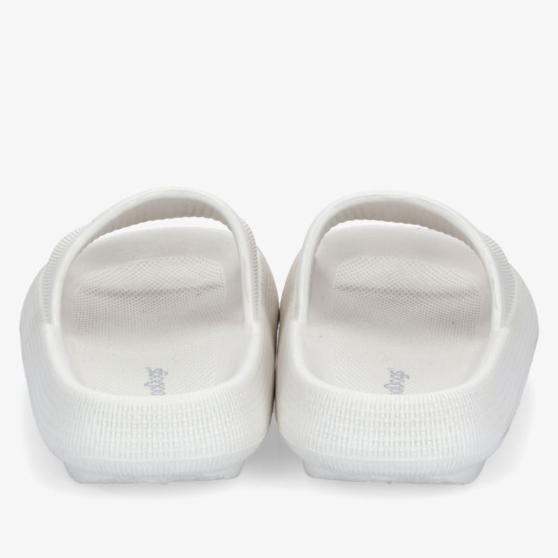 Weißes Paar Badeschuhe mit gepolsterter Innensohle und rutschfester Sohle, komfortabel und leicht anziehbar