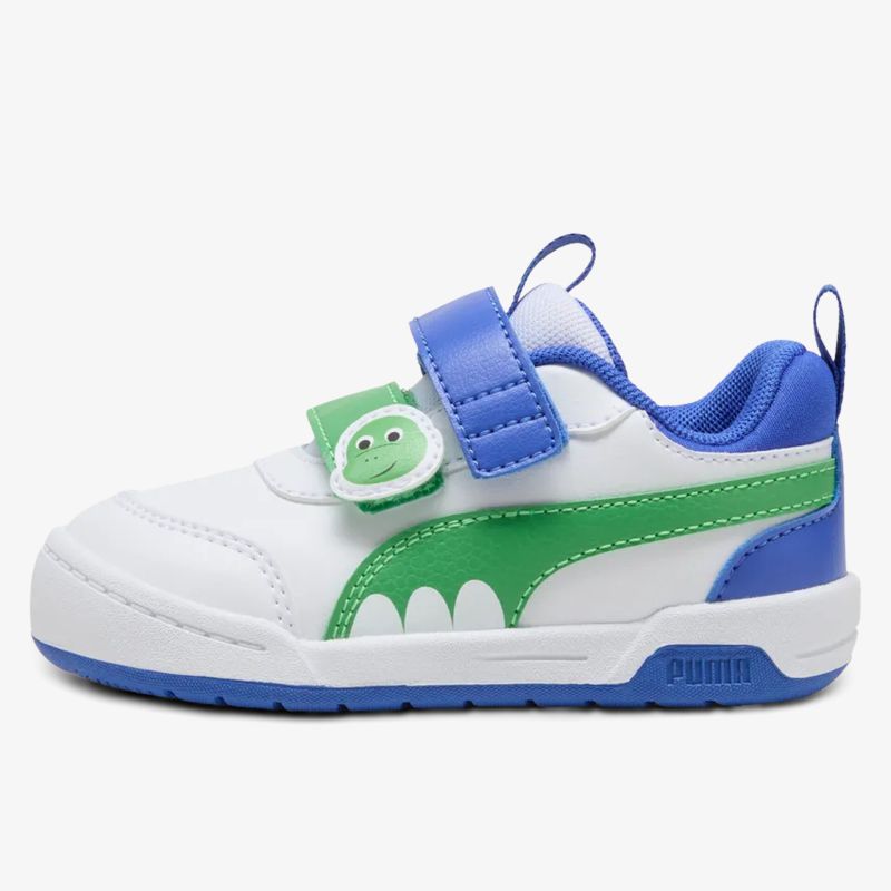 Leichter sportlicher Schuh in Weiß mit grün-blauen Details und praktischem Klettverschluss, ideal für aktive Nutzung