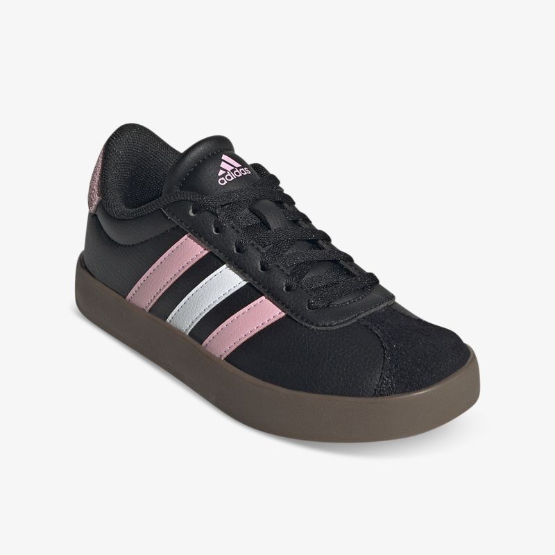 Schwarzer Adidas Schuh mit rosa und weißen Streifen, sportlich und bequem, seitliche Ansicht
