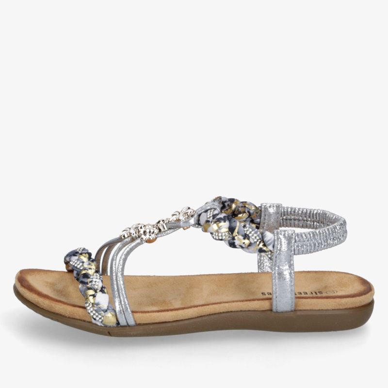 Bequeme Sandale mit dekorativen Steinen, flacher Sohle und flexiblen Riemen, ideal für sommerliche Outfits